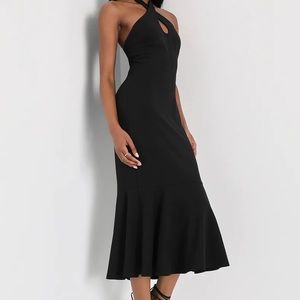 Lulus Striking Allure Black Cross-Front Trumpet Midi Dress